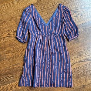Shoshanna Navy and Coral Chain-Print Double V-Neck Silk Mini Dress